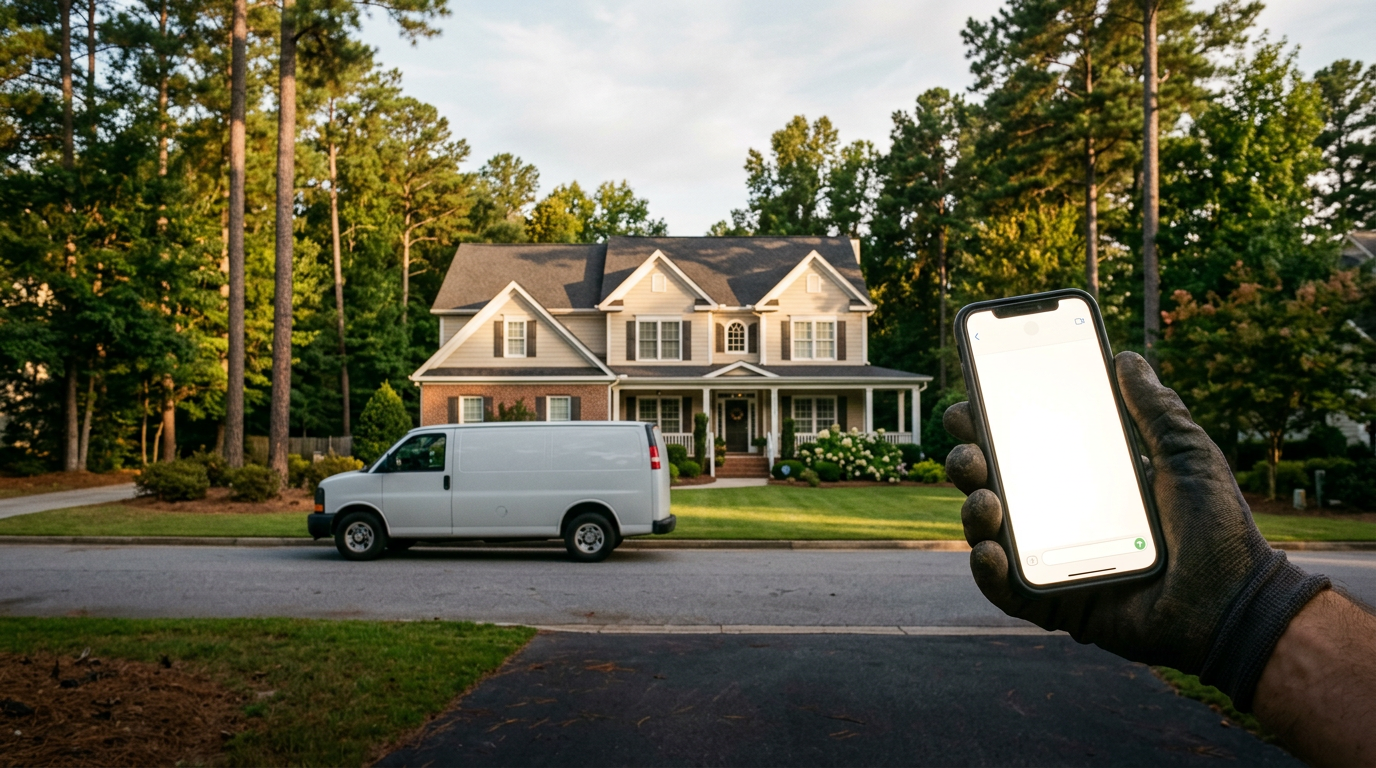 A service van parked at a suburban Georgia home, a gloved hand holding a phone